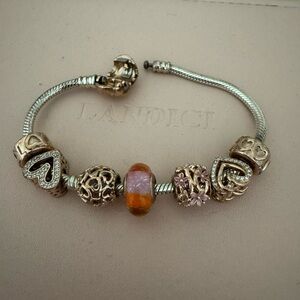 Pandora Gold and Silver Bracelet with Heart and Floral Charms